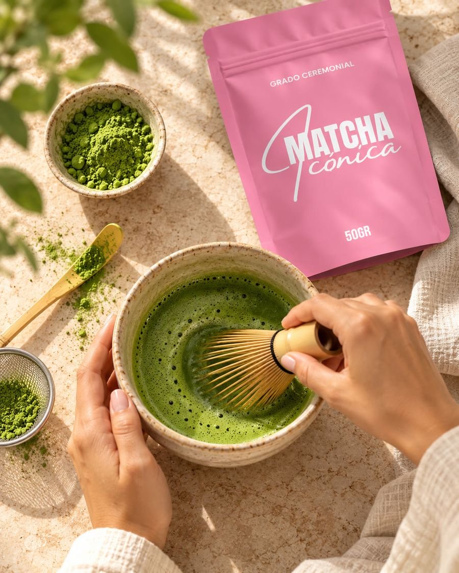 Preparando matcha con batidor de bambú