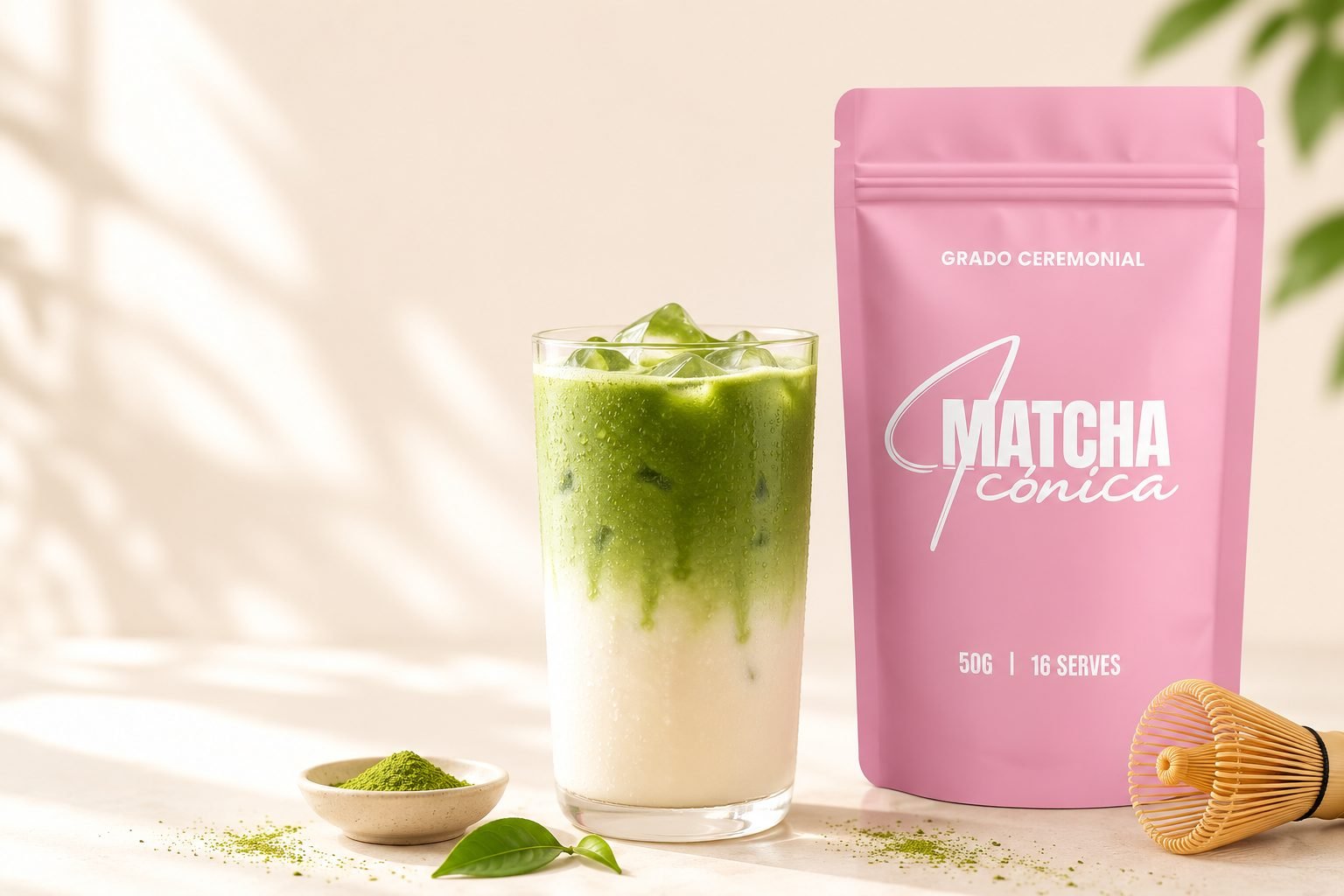 Matcha en polvo, batidor de bambu y flores sobre fondo crema