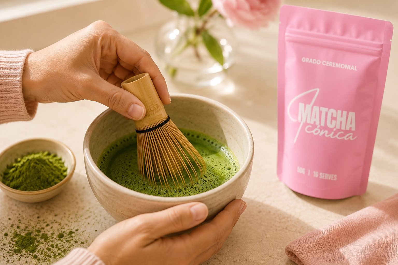 Preparando matcha con batidor de bambu